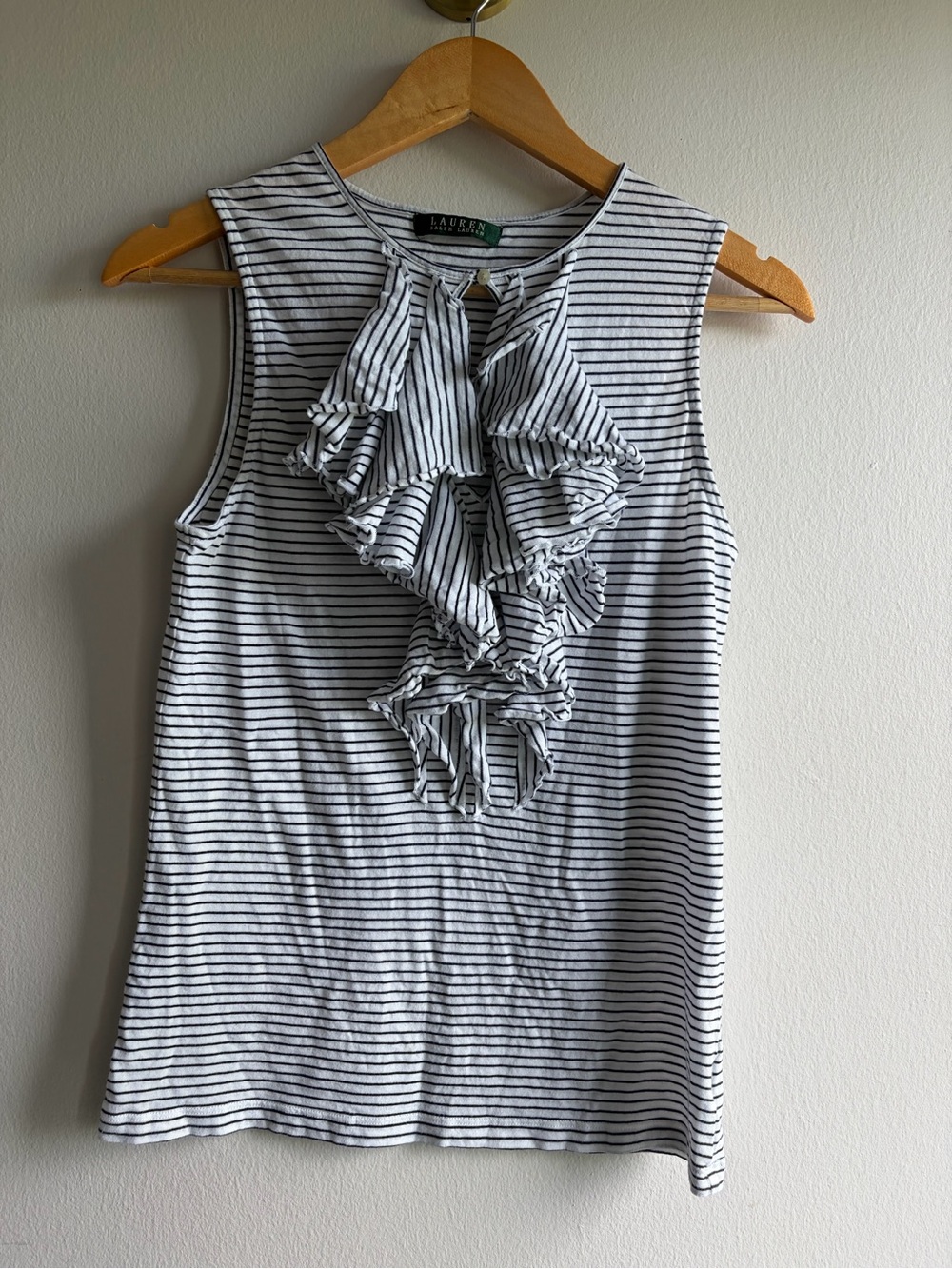 Ralph Lauren Black and White Striped Ruffle Sleeveless Camisole